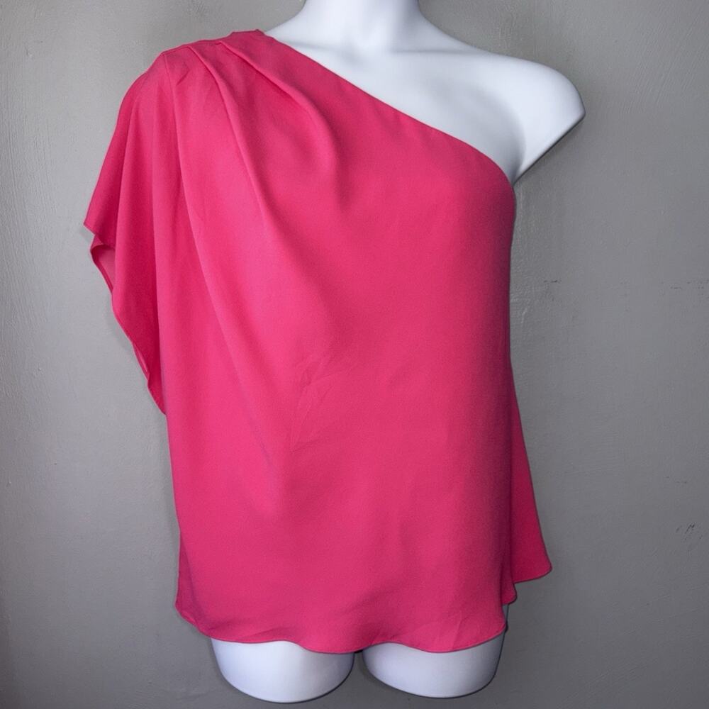 Trina Turk One Shoulder Blouse Size XL Bright Pink Crepe Dopamine Romantic Chic